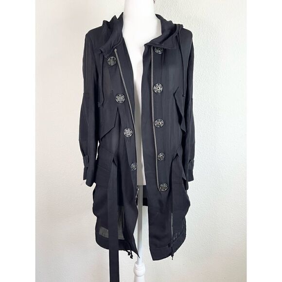 ALC Black Silk Sheer Long Sleeve Hood Full Zip Hobo Lagenlook Utility Jacket - Picture 1 of 10